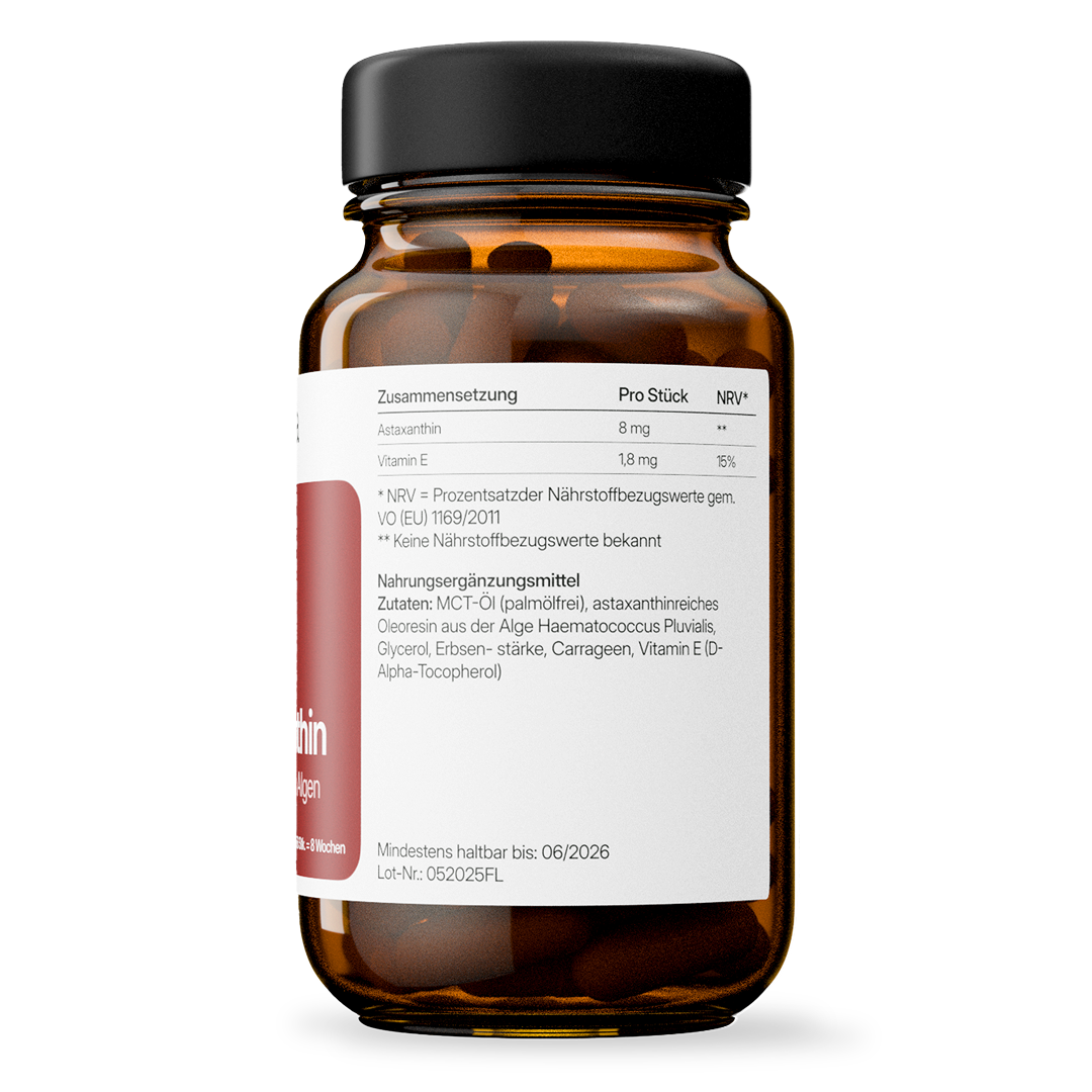 Astaxanthin (8 mg) – aus Mikroalgen, vegan & ohne Zusatzstoffe | 56 Kapseln in Glasflasche