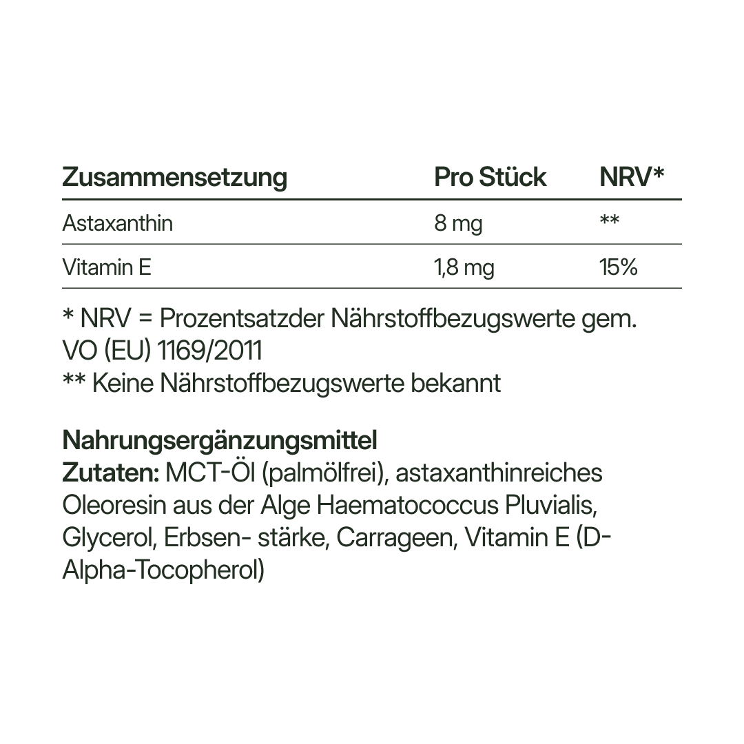 Astaxanthin (8 mg) – aus Mikroalgen, vegan & ohne Zusatzstoffe | 56 Kapseln in Glasflasche