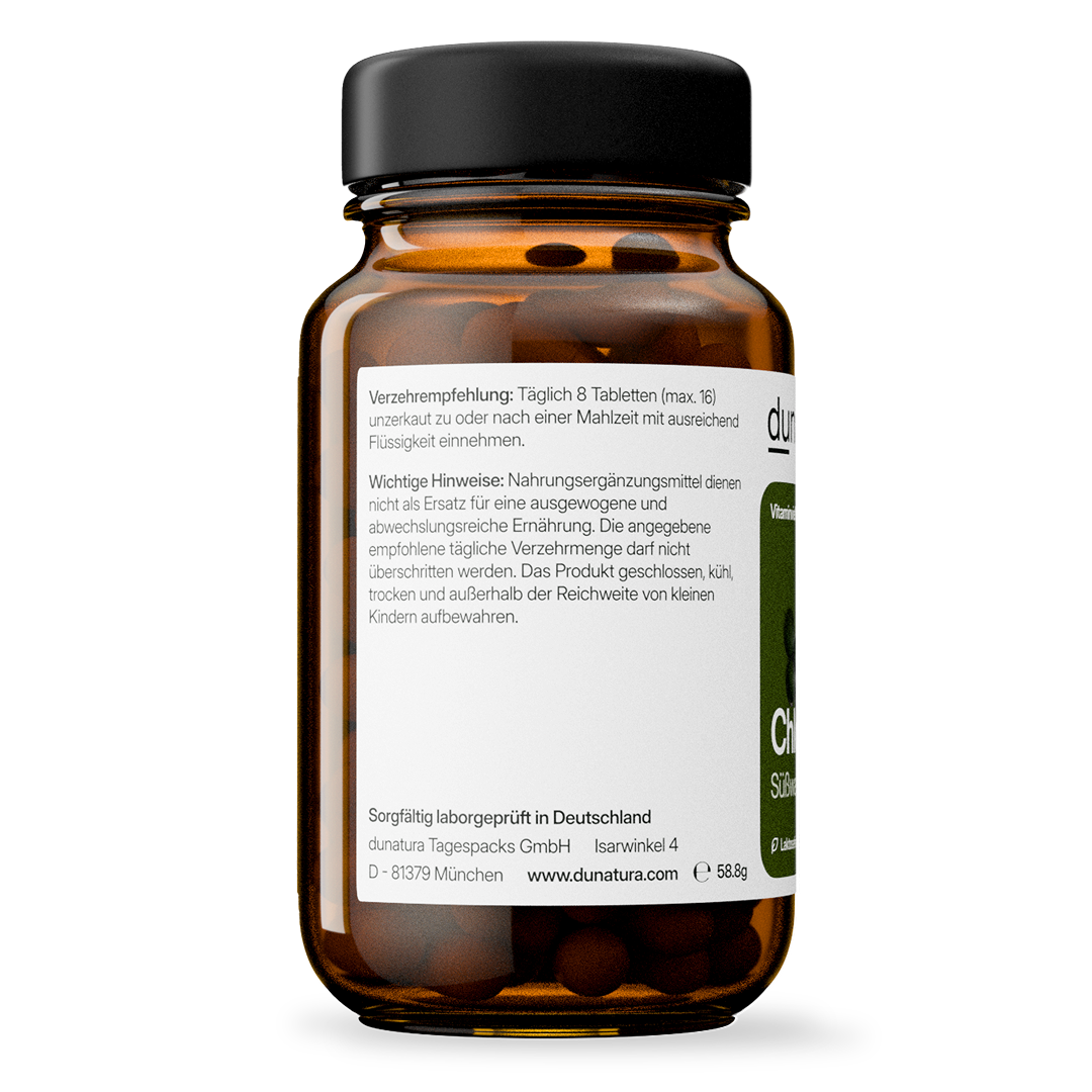 Premium Chlorella (Chlorella vulgaris) – aus Süßwasseralgen, vegan | 224 Presslinge in Glasflasche