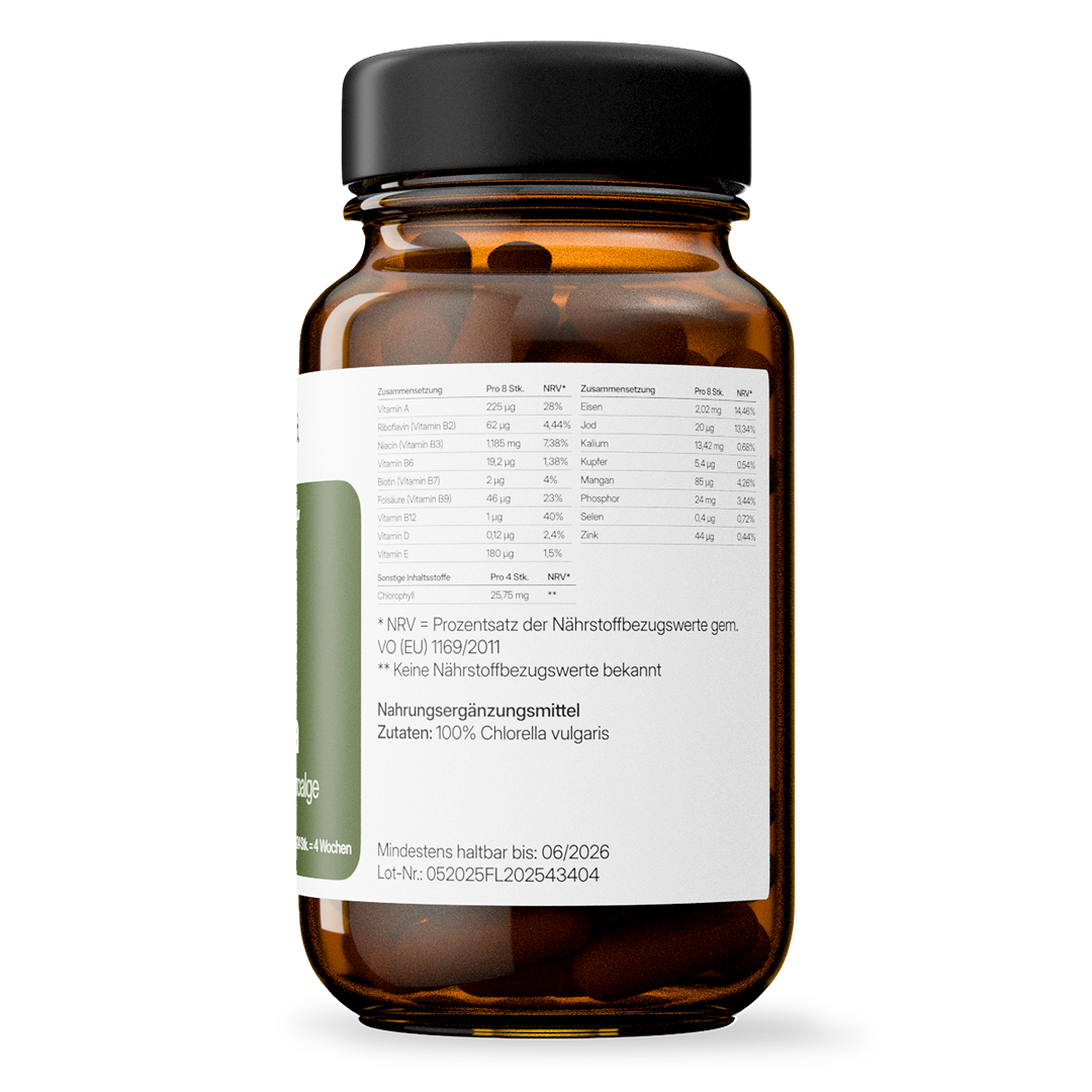 Premium Chlorella (Chlorella vulgaris) – aus Süßwasseralgen, vegan | 224 Presslinge in Glasflasche
