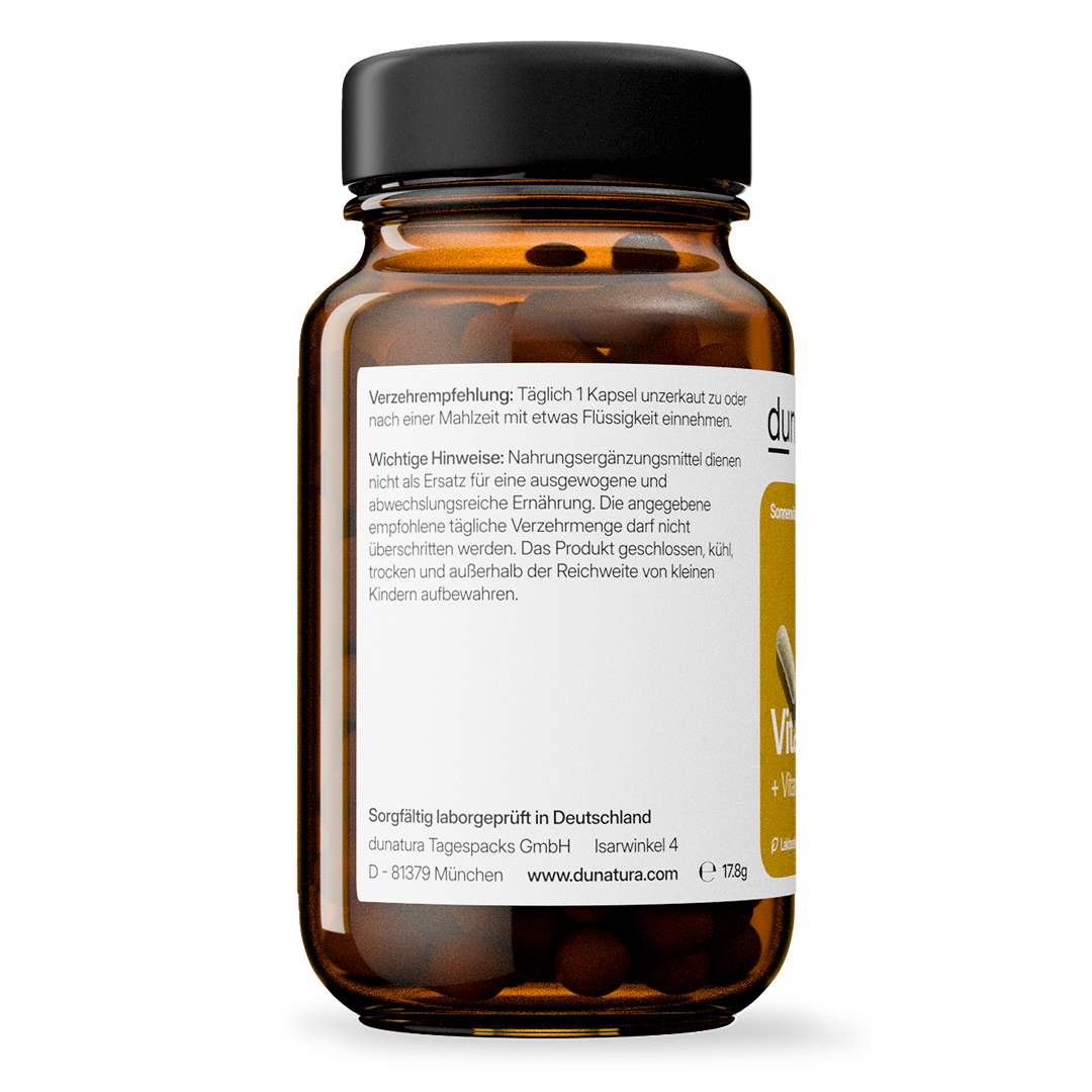 Vitamin D3 (1000 I.E.) + K2 (200 μg MK-7) | 56 Kapseln in Glasflasche
