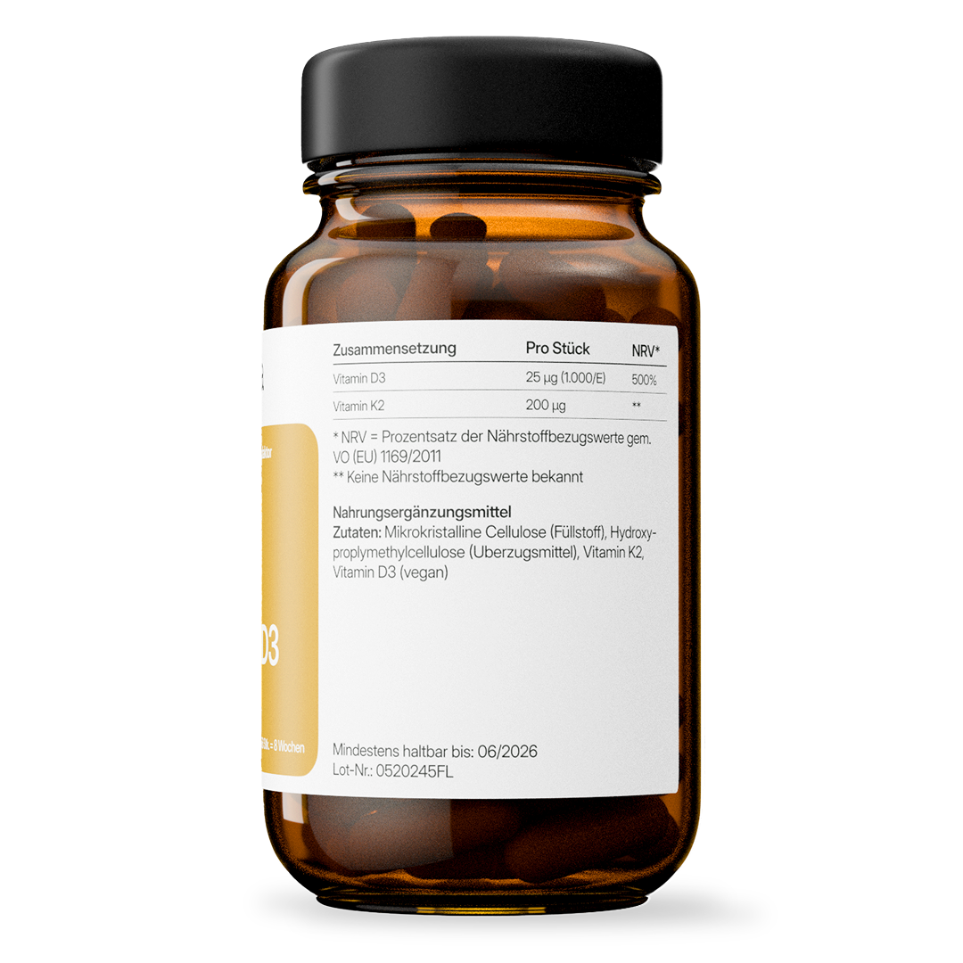 Vitamin D3 (1000 I.E.) + K2 (200 μg MK-7) | 56 Kapseln in Glasflasche