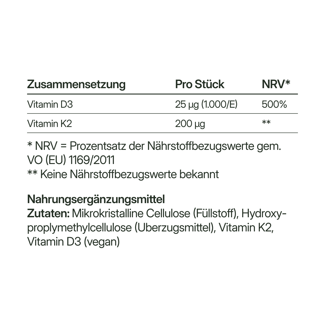 Vitamin D3 (1000 I.E.) + K2 (200 μg MK-7) | 56 Kapseln in Glasflasche