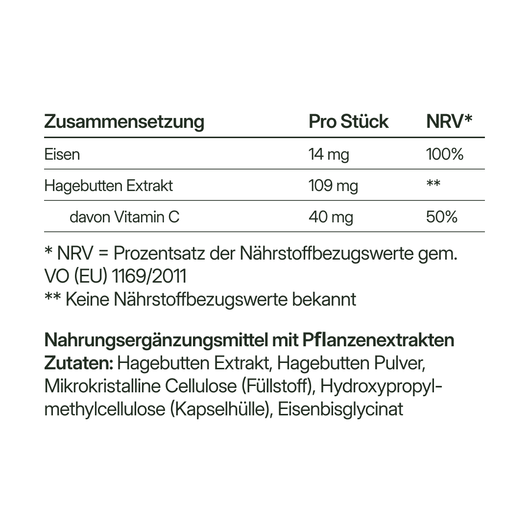 Eisen (14 mg) + Vitamin C (40 mg) – bioaktiv, vegan | 56 Kapseln in Glasflasche