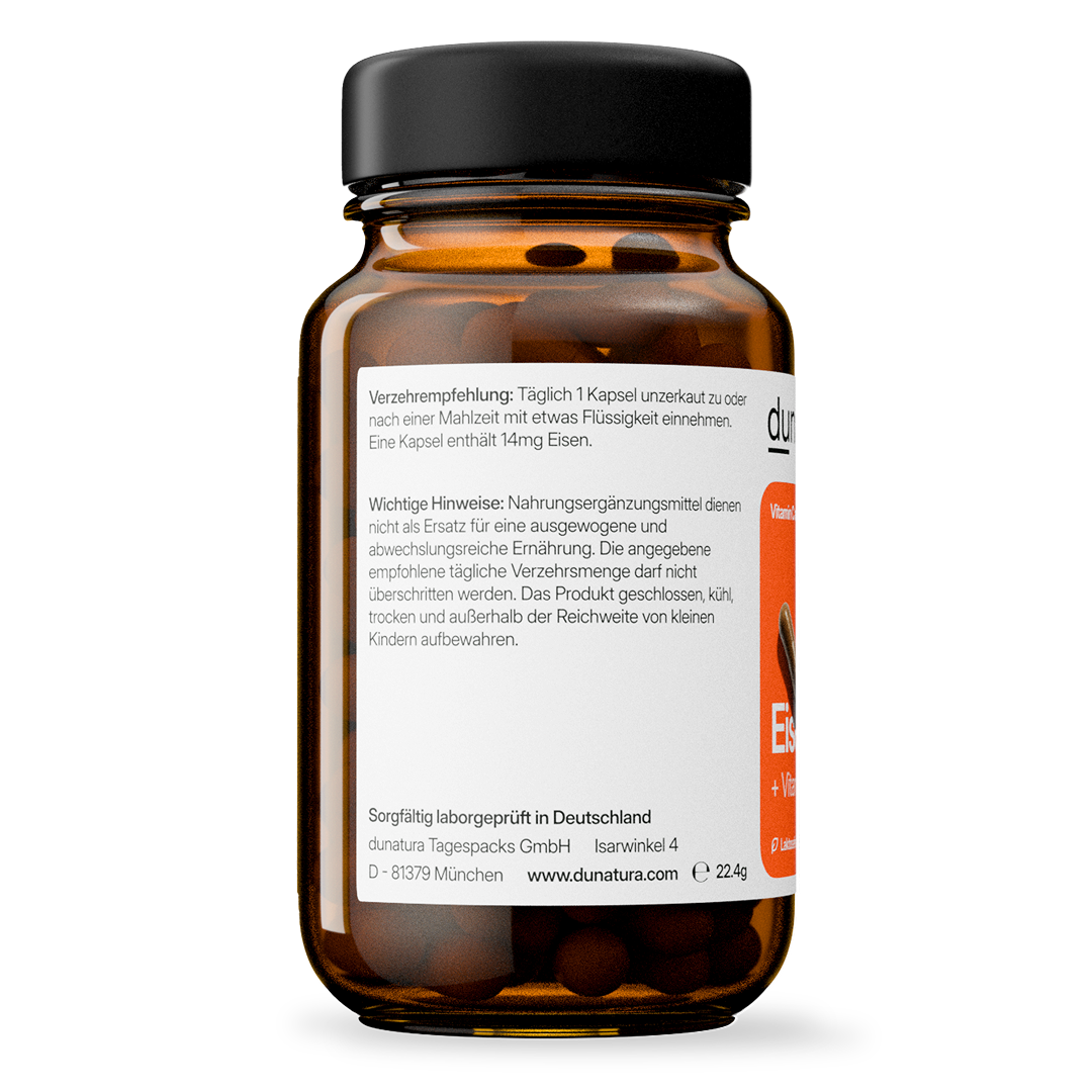 Eisen (14 mg) + Vitamin C (40 mg) – bioaktiv, vegan | 56 Kapseln in Glasflasche
