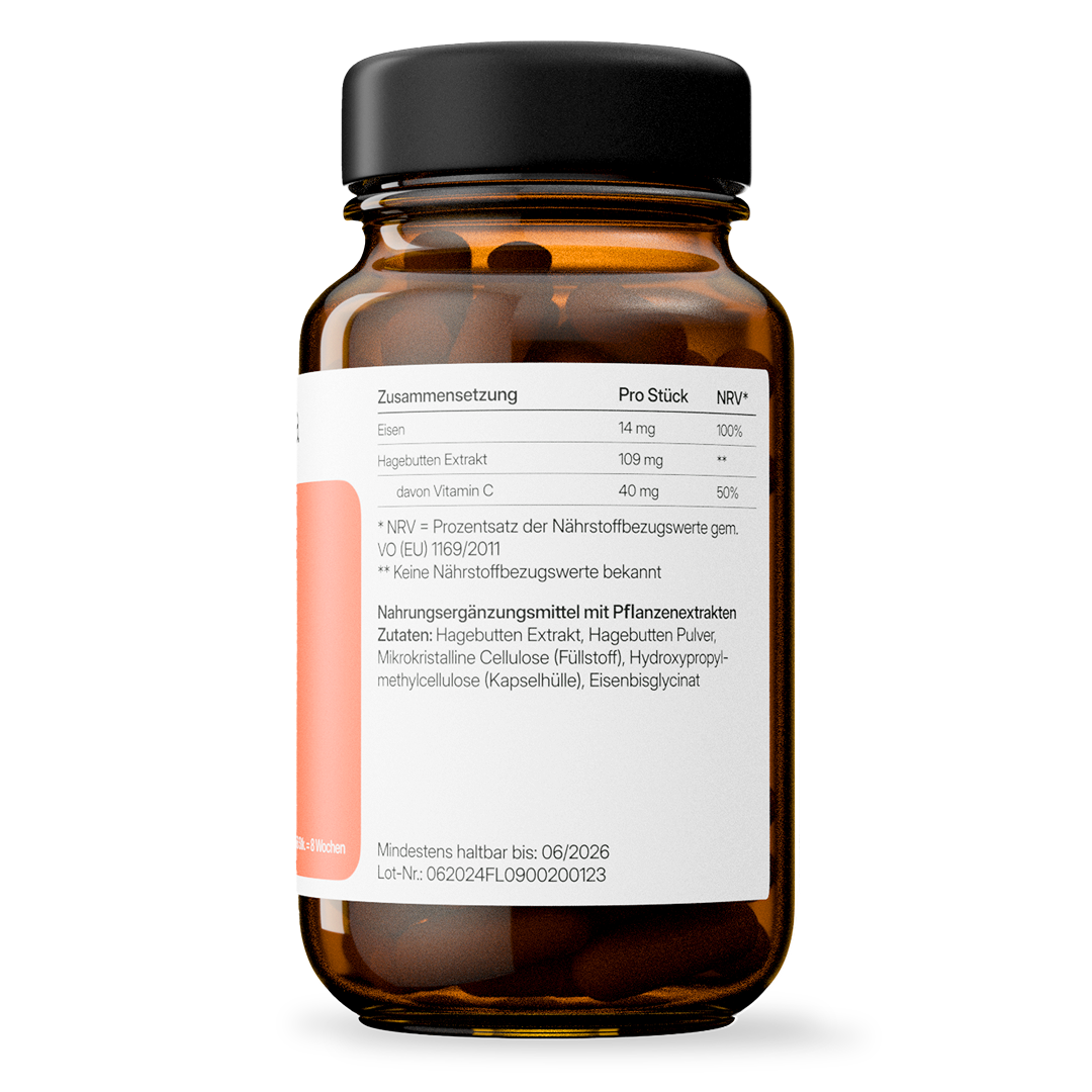Eisen (14 mg) + Vitamin C (40 mg) – bioaktiv, vegan | 56 Kapseln in Glasflasche