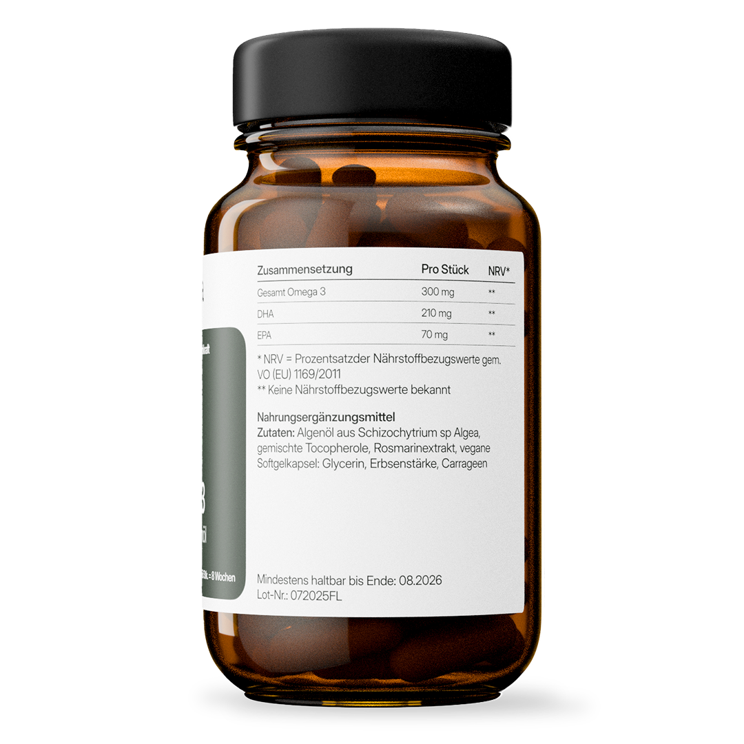 Omega 3 (300mg) vegan aus Algenöl | 56 Kapseln in Glasflasche