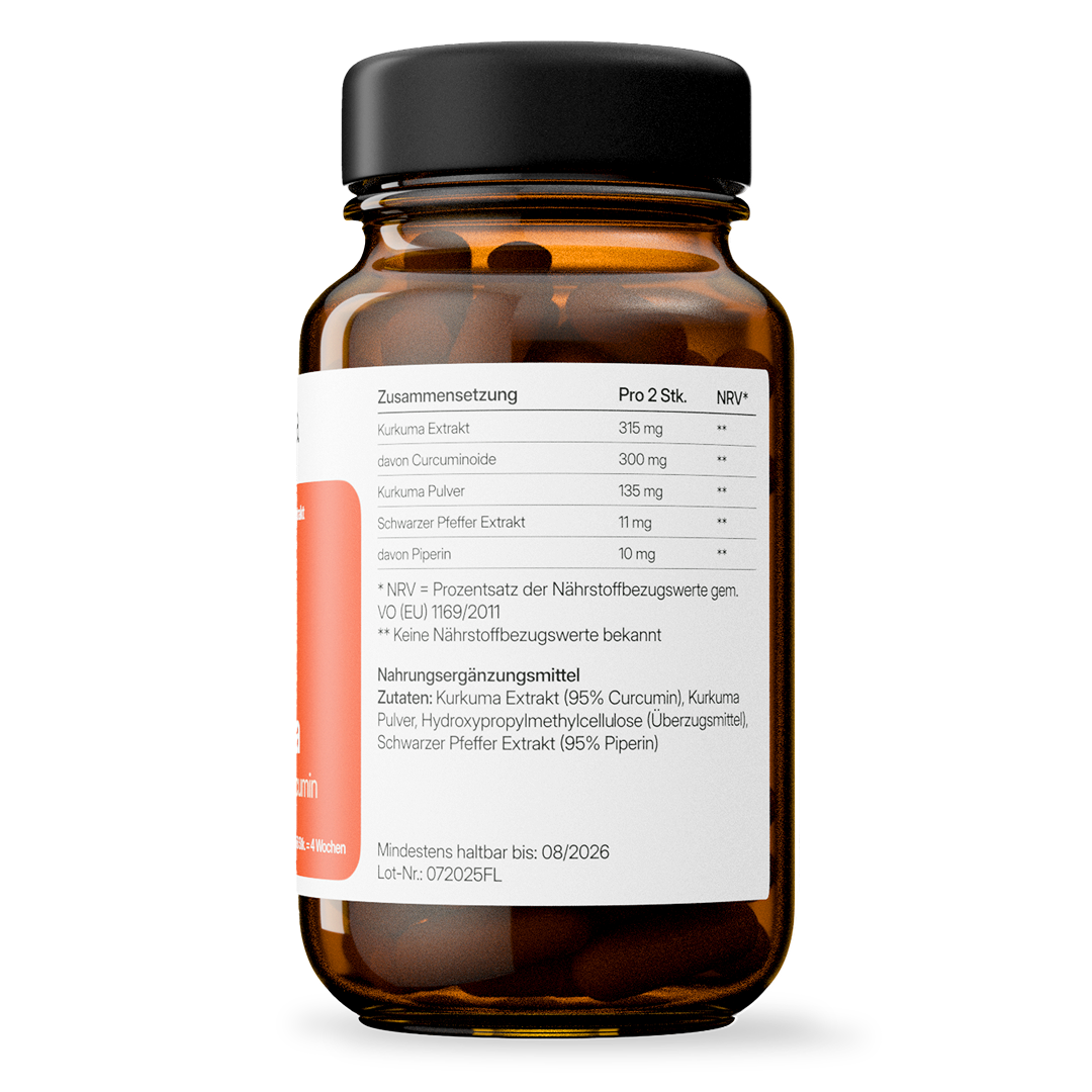 Kurkuma (315mg) mit schwarzem Pfeffer | 56 Kapseln in Glasflasche
