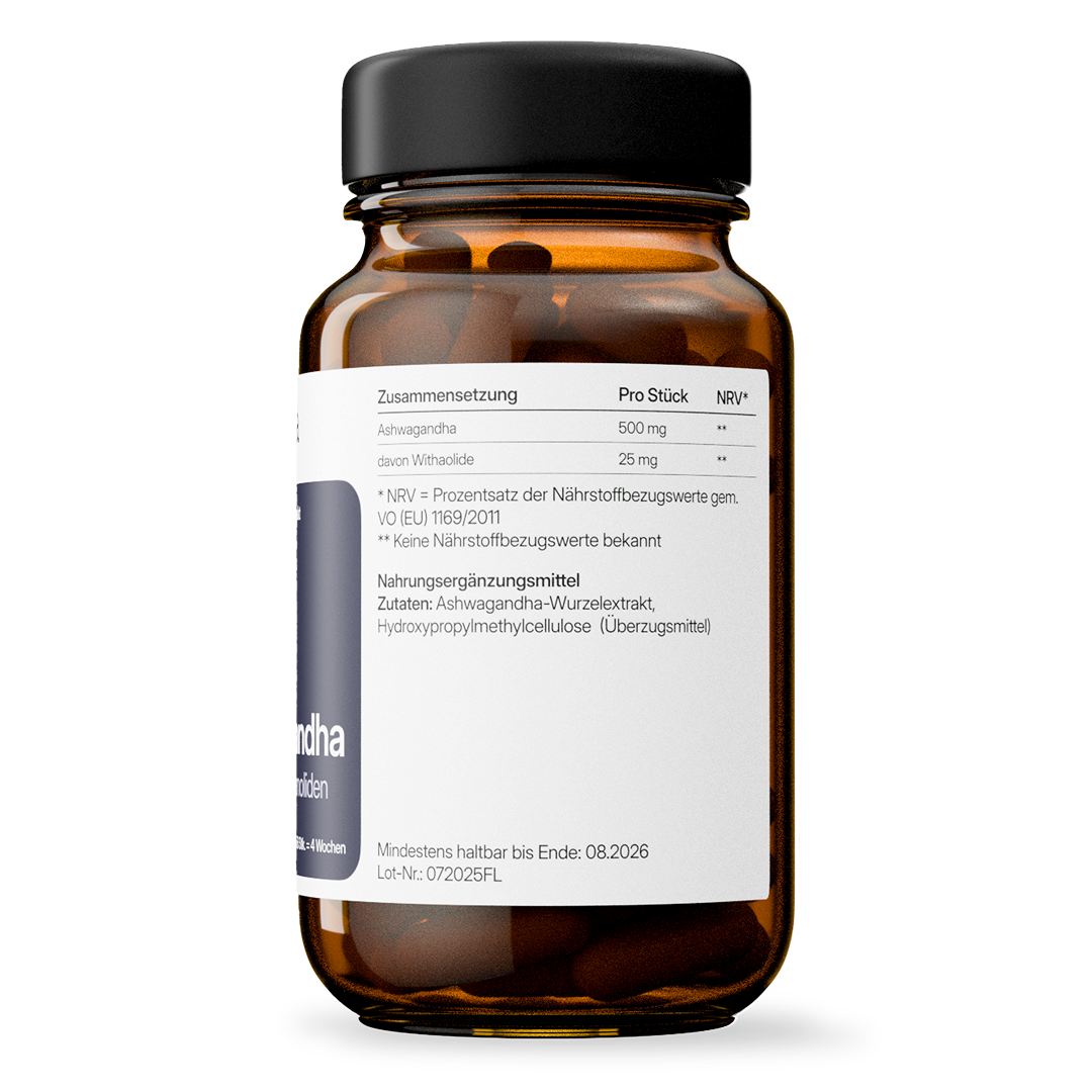 Ashwagandha (500mg) mit 25mg Withanoliden | 56 Kapseln in Glasflasche