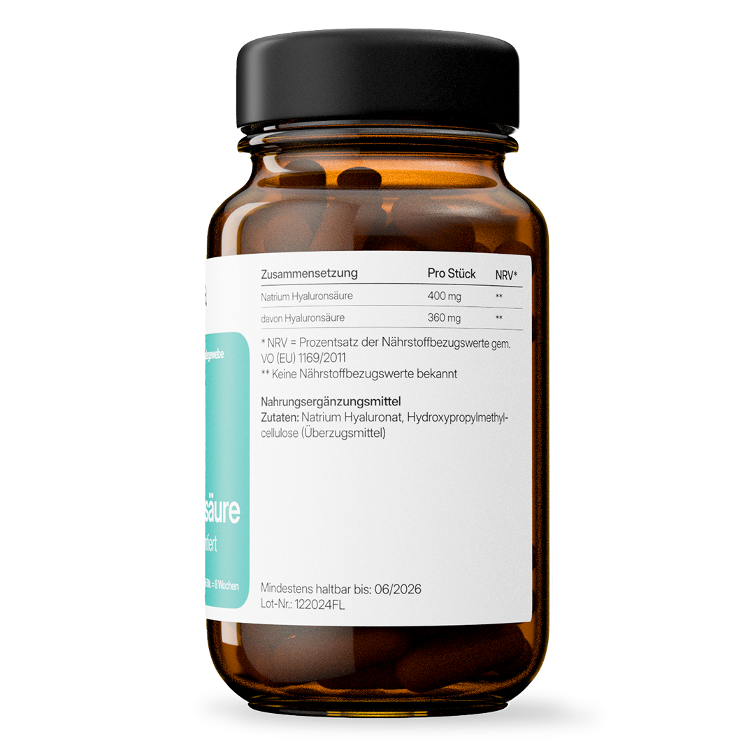 Hyaluronsäure (360 mg) – fermentativ gewonnen, vegan | 56 Kapseln in Glasflasche