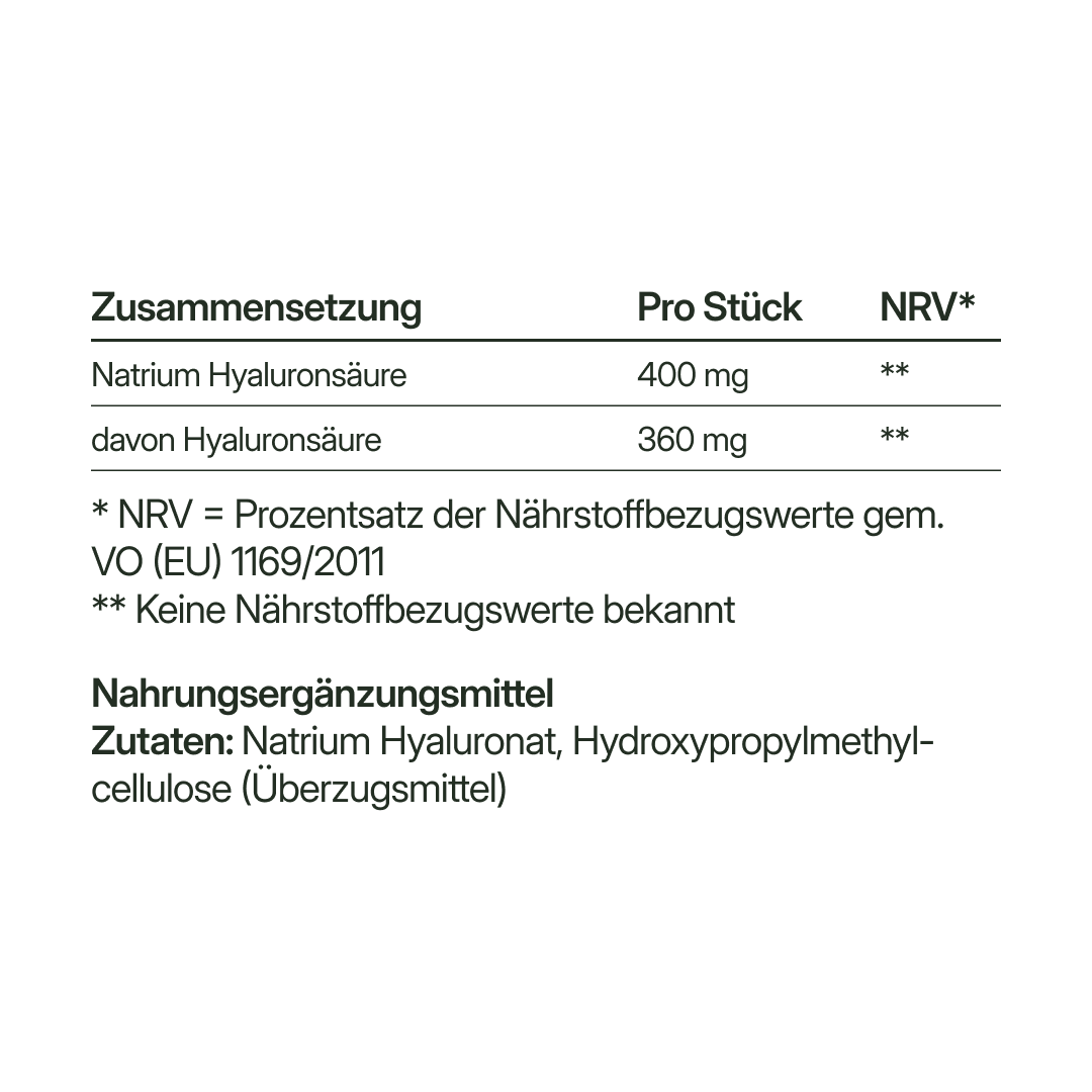 Hyaluronsäure (360 mg) – fermentativ gewonnen, vegan | 56 Kapseln in Glasflasche