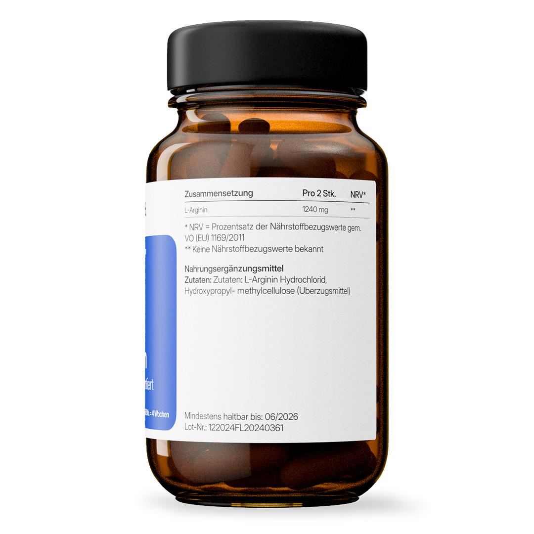 L-Arginin (620 mg) – fermentativ gewonnen, vegan | 56 Kapseln in Glasflasche