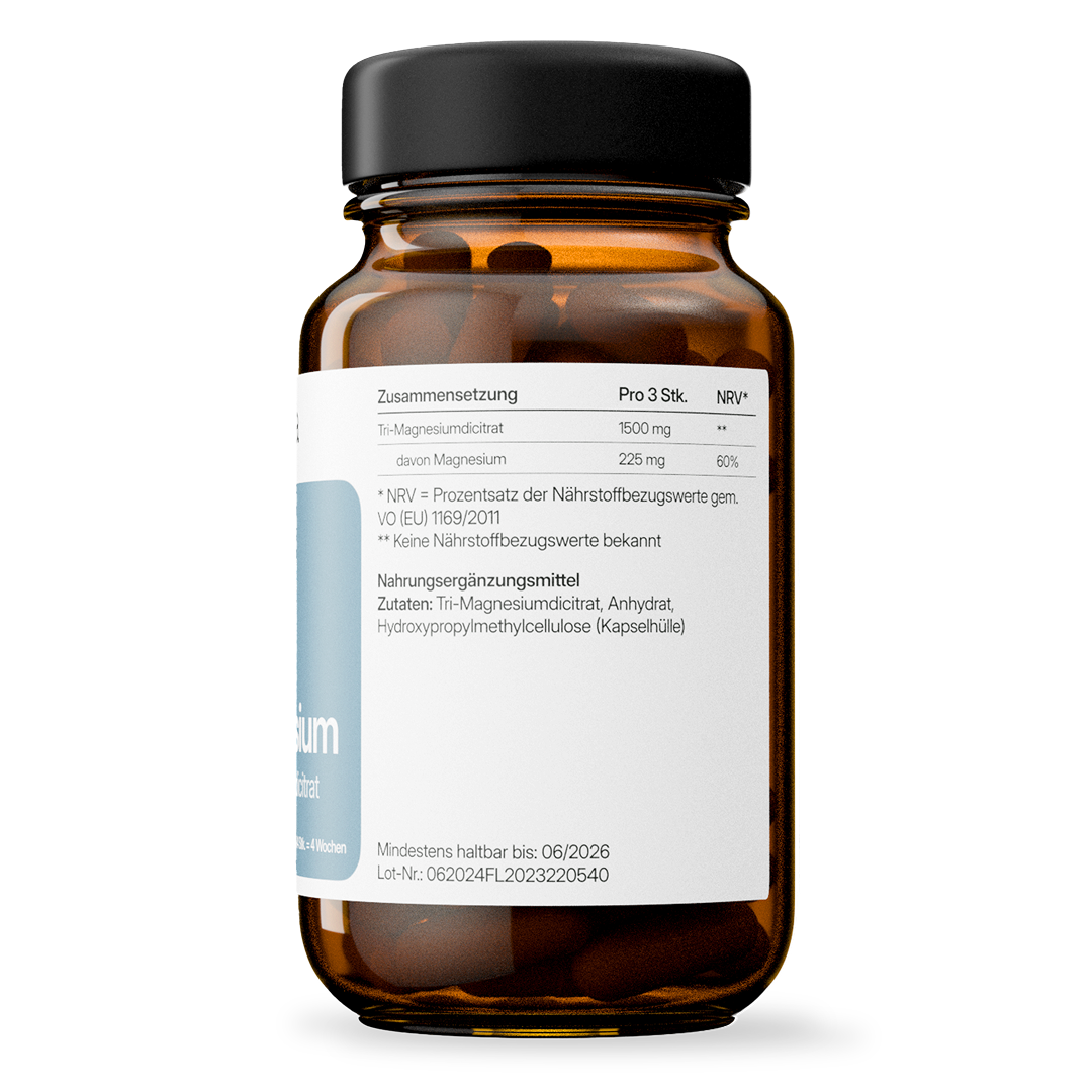Magnesium (500 mg Magnesiumdicitrat) – gut verträglich, vegan | 84 Kapseln in Glasflasche