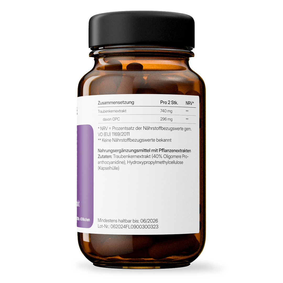 OPC (148 mg aus Traubenkernextrakt) – vegan | 112 Kapseln in Glasflasche
