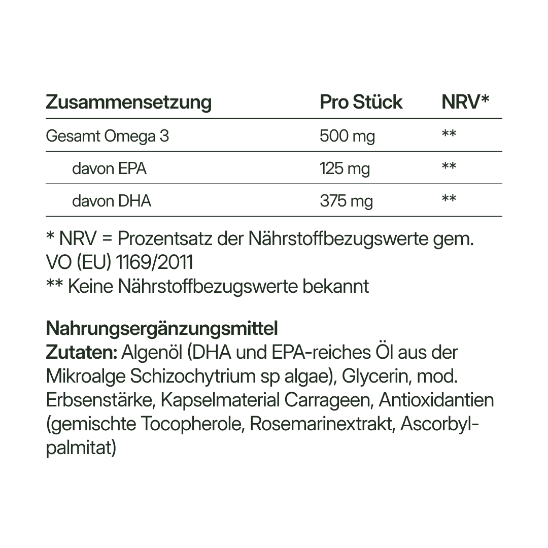 Omega 3 XL (500 mg) – vegan aus Algenöl | 56 Kapseln in Glasflasche