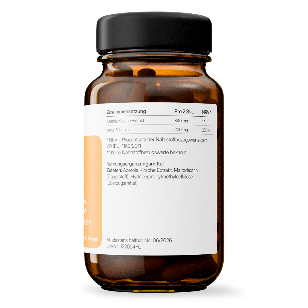 Vitamin C (200 mg aus Acerolaextrakt) – vegan | 112 Kapseln in Glasflasche