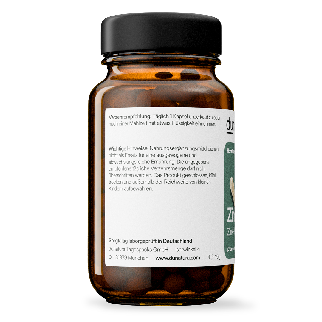 Zink (25 mg Zinkbisglycinat) – bioaktiv, vegan | 56 Kapseln in Glasflasche