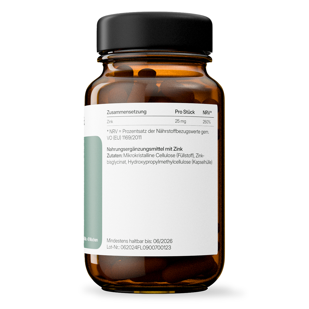 Zink (25 mg Zinkbisglycinat) – bioaktiv, vegan | 56 Kapseln in Glasflasche