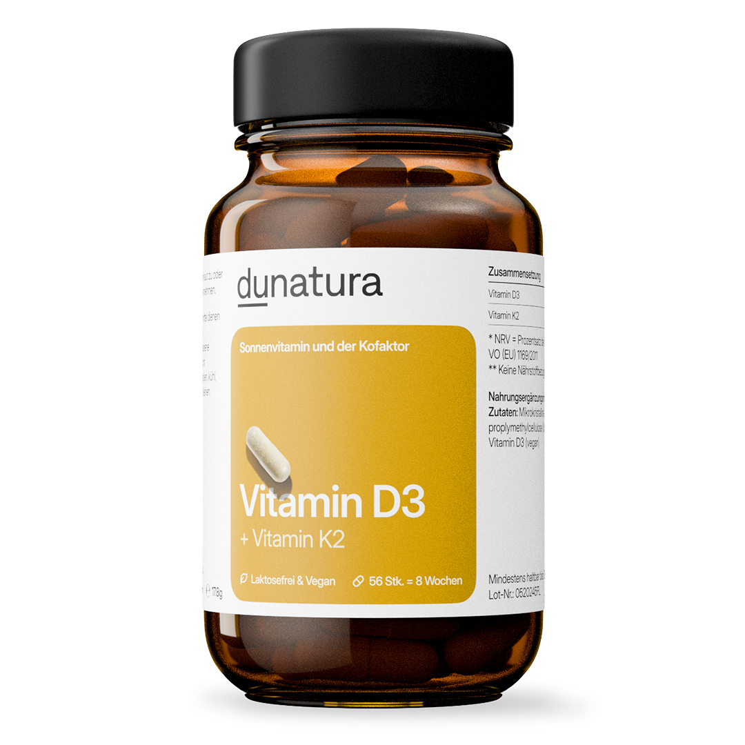 Vitamin D3 (1000 I.E.) + K2 (200 μg MK-7) | 56 Kapseln in Glasflasche