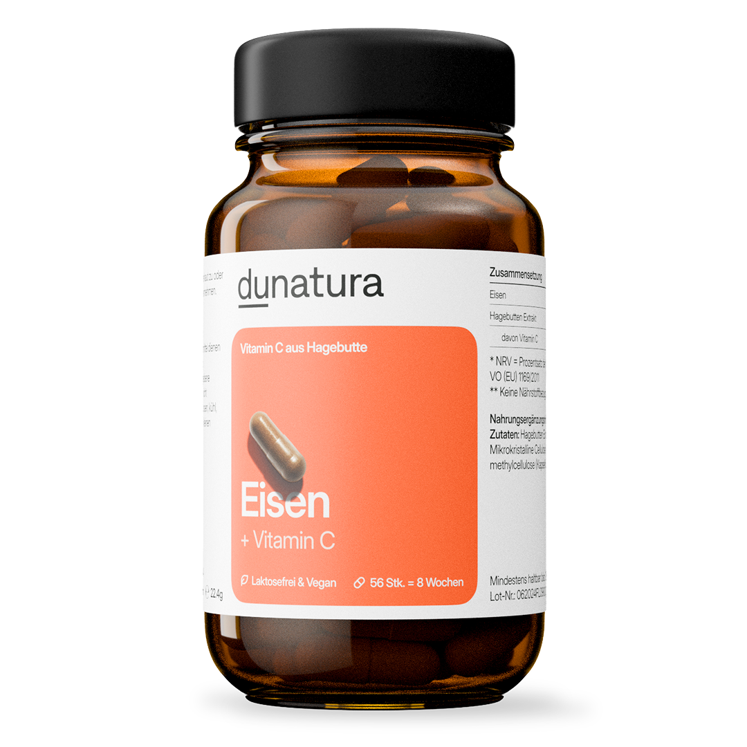 Eisen (14 mg) + Vitamin C (40 mg) – bioaktiv, vegan | 56 Kapseln in Glasflasche