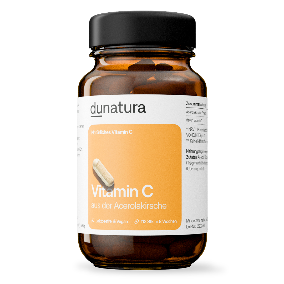 Vitamin C (200 mg aus Acerolaextrakt) – vegan | 112 Kapseln in Glasflasche